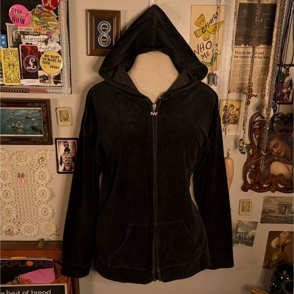 Vintage New York Velour Zip Up Hoodie Women's Large/XL Black